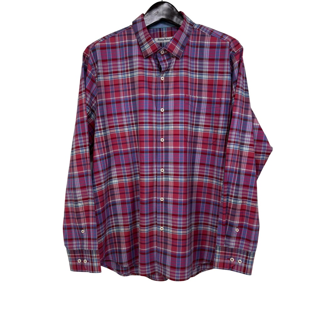 Tommy Bahama Mens XL Red Blue Plaid Cotton Silk Blend Button Down Shirt Preppy